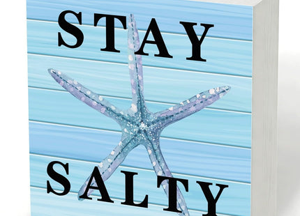Stay Salty Wood Box Sign for Beach House Decor and Beach Lovers, Coastal Summer Starfish Tabletop Decoration for Home Office Bathroom Shelf Desk, Ocean Theme Gift