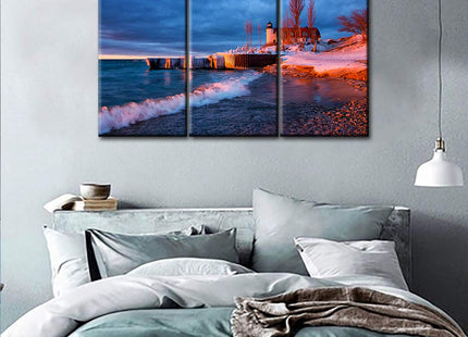 Large 3 Pieces Canvas Prints Wall Art Beautiful Michigan Landscape Lighthouse at Sunset on the Waters Surface Pictures Modern Home Decor Stretched Gallery Wrap Giclee Print Ready to Hang - 28''x42''