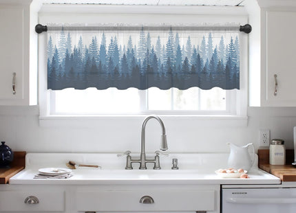 Navy Blue Forest Sheer Valance Curtains for Kitchen Living Room Decor, Nature Woodland Tree Forest Silhouette Landscape Semi Sheer Curtain Voile Valance Rod Pocket Window Short Curtain Panel 54"x18"