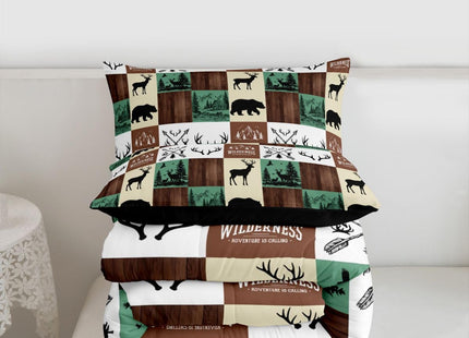 Hunting Bear Deer Comforter Set, Farmhouse Lodge Cabin Bedding Set Twin Size for Kids Boys Teens Bedroom Decor, Rustic Woodland Moose Duvet Insert Western Country Patchwork Quilt with 1 Pillow Case