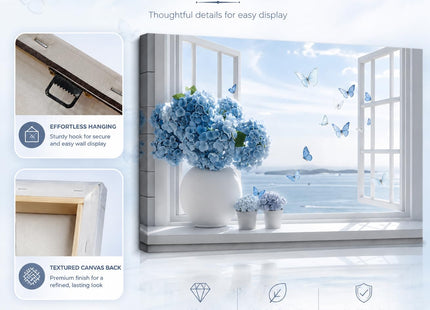 Birnsen Coastal Bathroom Canvas Wall Art Blue Hydrangea Floral Vase Butterfly Open Window Beach Seascape Wall Decor Poster Print Artwork for Living Room Bedroom Bathroom Home Decor 12x16in