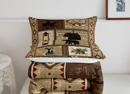 Rustic Cabin Bedding Sets Twin Size,Bear Deer Wooden Canoe Pinecone Patchwork Comforter Set,Southwest Exotic Aztec Quilt for Kids Boys Girls Youth,Rural Farmhouse Lodge Duvet Insert with 1 Pillowcase