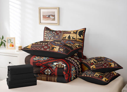 Erosebridal 7 Piece Rustic Cabin Plaid Comforter Set Queen,Rustic Farmhouse Aztec Bedding Sets For Kids Teens Men,Retro Hunting Wild Animals Bed in a Bag With Sheets,Country Woodland Pine Tree Bed Set