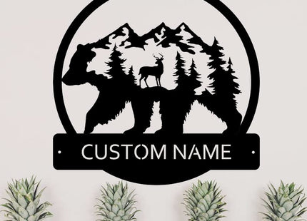 Deer Bear Forest Custom Name Sign Metal Wall Art Personalized Last Name Plaque Outdoor Metal Wall Art Personalized Gift for Wedding/Housewarming