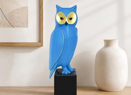 Lodkksg Blue Resin Owl Statue – Mid-Century Modern Owl Sculpture – Retro Owl Art Piece – Freestanding Modern Abstract Home Decor for Living Room, Bookshelf, and Mantel – 15.7-Inch Resin Owl Sculpture
