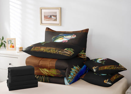 Erosebridal Twin Size Pike Fish Comforter Set with Sheets - 7 Pieces Rustic Bass Fish Bedding Set for Teens Adults Cabin Lodge Hunting Theme Bed in A Bag with Flat Fitted Sheet Wild Animal Bed Sets