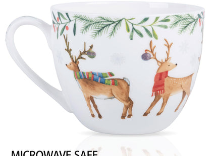 MFoffice Christmas Reindeer Mug – 20oz Bone China Coffee Tea Hug Mug with Happy Holidays Inside, Perfect Christmas or Any Holiday Gift for Women & Men – Designed in England by Harvest Green Studio