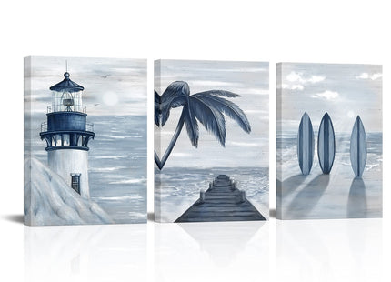 HOMEOART Blue Beach Wall Art Prints Ocean Pier Coastal Dock Seascape Lighthouse Painting Nautical Theme Framed Stretched Artwork Living Room Home Wall Decor 12"x16"x3 pcs