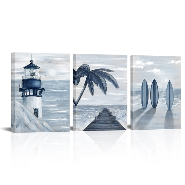 HOMEOART Blue Beach Wall Art Prints Ocean Pier Coastal Dock Seascape Lighthouse Painting Nautical Theme Framed Stretched Artwork Living Room Home Wall Decor 12"x16"x3 pcs