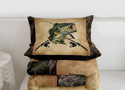 Erosebridal Camo Fishing Full Comforter Set Bass Fish Fishing Rod Bedding Set Rustic Pike Fish Comforter for Boys Adults Men,Fisherman Quilt Duvet