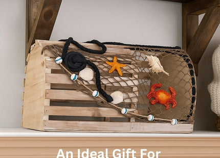 Decorative Lobster Trap Nautical Coastal Decor – Distressed Wood with Fishnet, Seashells, Crab & Starfish Accents – Perfect Beach House, Boat Decoration – Unique Ocean-Themed Gift for Sea Lovers