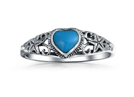 Nautical Starfish Band Blue Turquoise Heart Ring .925 Sterling Silver