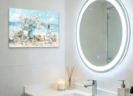 Blue Ocean Beach Bathroom Canvas Wall Art Seaside Seashell Painting Picture Wall Decor Starfish with White Flower Coastal Poster Print Artwork for Living Room Bedroom Bathroom Decor 12x16 in Canvas