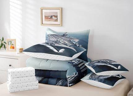 Erosebridal Aircraft Carrier 7 Piece Comforter Set Twin Military Style Bedding Sets for Kids Adults Battleship Fighter Flight Bed in A Bag Ocean Nautical Sheet Set with Comforter