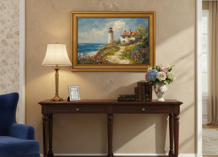 Vintage Gold Framed Island Lighthouse Canvas Wall Art 9x11 in