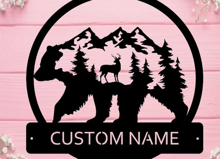 Deer Bear Forest Custom Name Sign Metal Wall Art Personalized Last Name Plaque Outdoor Metal Wall Art Personalized Gift for Wedding/Housewarming
