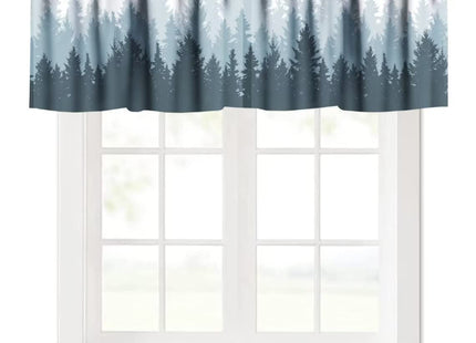 Foggy Forest Valance Curtain, Green Coniferous Tree Silhouette Mist Landscape Windows Curtain Valance for Kitchen Dining Room Canteens Home Decor, One Panel 54x18in