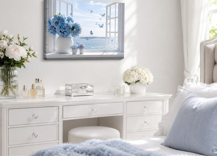 Birnsen Coastal Bathroom Canvas Wall Art Blue Hydrangea Floral Vase Butterfly Open Window Beach Seascape Wall Decor Poster Print Artwork for Living Room Bedroom Bathroom Home Decor 12x16in