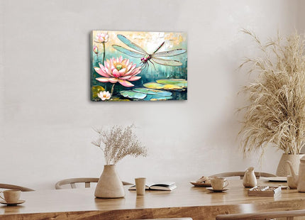 Framed Dragonfly Wall Art,Dragonfly Lotus Floral Oil Painting Wall Art