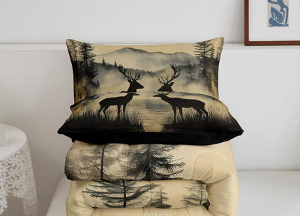 Erosebridal Rustic Deer Comforter Set for Kids Teens Adults, Woodland Animal Hunting Themed Twin Size Bedding Set, Nature Lake Scenery Duvet Insert Country Cabin Lodge Quilt, Black Reversible