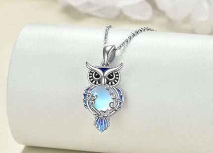 LUHE Moonstone Owl Necklace Gifts for Women Sterling Silver Filigree Owl Pendant Necklace Christmas Jewelry for Women