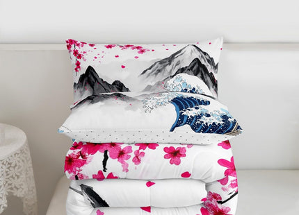 Erosebridal Japanese Style Bedding Set Pink Cherry Blossom Comforter Set Queen,Ocean Wave Duvet Insert Fuji Mountain Quilt Set,Japanese Ukiyoe Theme Quilted Comforter 3Pcs with 2 Pillowcases Soft Cozy