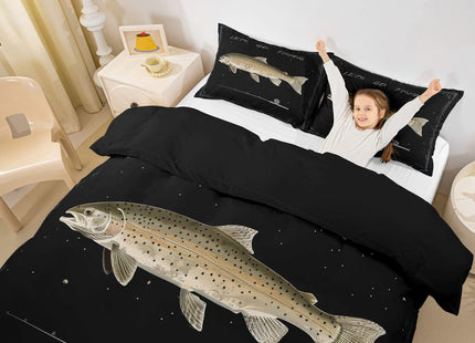 Fishing Duvet Cover Set Twin Size,Bass Fish Printed Bedding Set 2Pcs,Fishing Lover Hunting Fish Comforter Cover for Teens Men Adult Kids Room Decor,Black Lake House Life Quilt Cover,1 Pillowcase