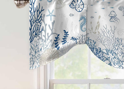 Blue Sea Turtle Tie Up Valance Curtain for Kitchen Living Room Bedroom Bathroom Cafe, Rod Pocket Small Short Window Drape Panel Adjustable Drapary Print, Coastal Ocean Coral Seaweed Jellyfish 54"x18"