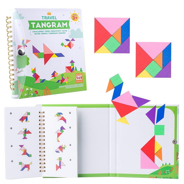 Vanmor Magnetic Tangram Puzzle for Kids – Montessori Quiet Travel Game with 368-Challenge IQ Book, Educational Magnetic Puzzle Toy for Airplanes, Car Rides, and Road Trips (Ages 4–8)