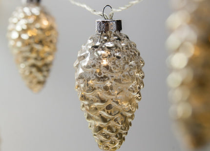 Wintergreen Lighting 6’ Mercury Glass Gold Star Lights/Gold Glass Pinecone String Lights – LED Lights String, Battery Operated, 10 Warm White LED Lights on Clear Wire (10 Pinecone Lights)