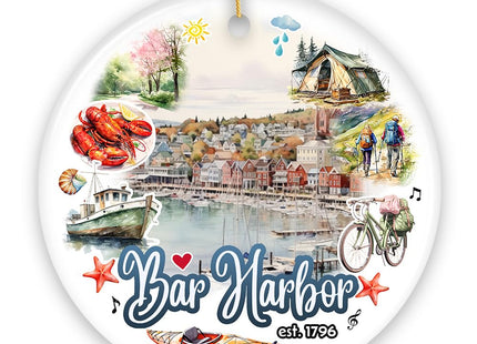 Artistic Bar Harbor Christmas Ornament, Maine Souvenir and Gift with Lobster and Acadia Art