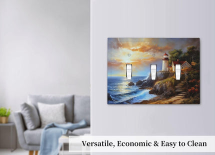 Spshian Light Switch Cover Plate Nautical Lighthouse Oil Painting Sunset Coastal 3 Gang Switch Plate Covers Triple Toggle Decorative Wall Plates Electrical Faceplate for Bathroom Bedroom Decor