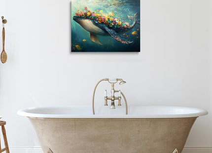 Floral Whale Canvas Wall Art Framed Bright Ocean Fantasy Decor 12x16 Inch