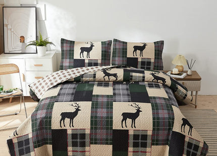 CHESITY Lodge Bedspread Twin Size,3 Piece Rustic Cabin Quilt Set Black Deer Bedspreads Coverlet Reversible Animal Printed Wildlife Patchwork Dark Green Beige Plaid Bed Cover Country Decor(68"x86")