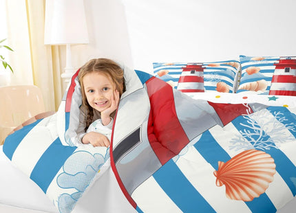 Erosebridal Nautical Comforter Set Twin Red White Lighthouse Bedding Set, Blue Stripes Bedding Comforters & Sets Coastal Conch Starfish Duvet, Ocean Theme Quilt Comforter Super Cozy Microfiber 2pcs