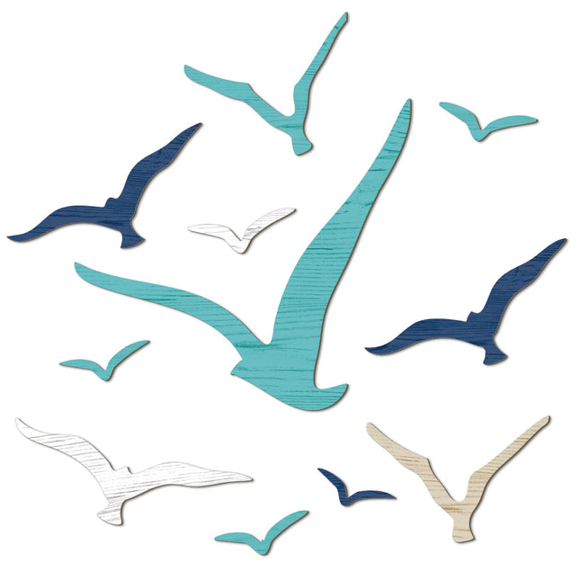Wesiti 11 Pcs Wooden Seagull Wall Decor Nautical Theme Beach Coastal Art Small Seagull Sea Birds Wall Decor Ocean Adhesive Sculpture Vintage Ornaments for Home Bathroom(Brown Blue White)