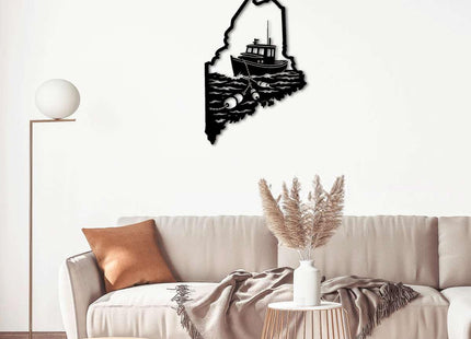 Maine State Map with Fishing Boat Metal Wall Art Decor, Outdoor Decor Metal Signs, Nautical Coastal Style, Elegant Artwork, Wall Decor for Living Room and Office Space (Black,20inch)