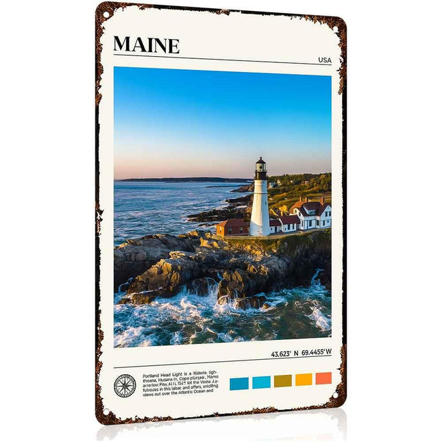 Maine Lighthouse Coastal Landscape Travel Aluminum Metal Sign 8 x 12 Inch