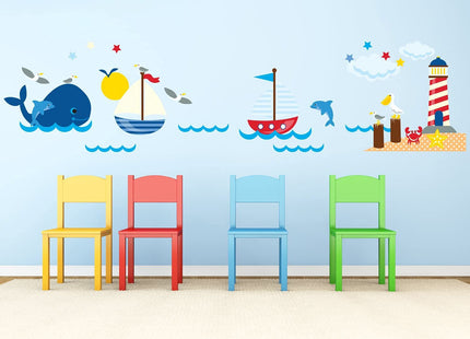 Nautical Fabric Wall Decals, Ocean Scene with Pelican, Sailboats, Lighthouse, Whale and More, Repositionable and Reusable