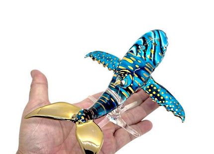 WitnyStore 5¼" Blue Gold Dotted Whale On Stand Artistic Blown Glass Figurine Premium Hand-Blown Statue Tabletop Decoration Unique Collectible for Adult Collectors Handcrafted Elegant Home Room Decor