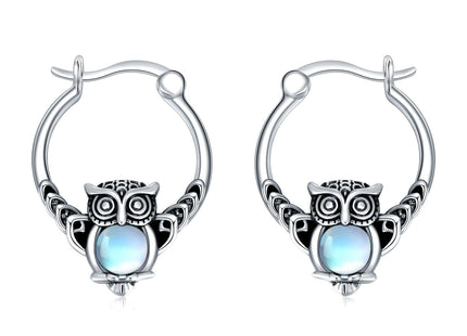 Vintage Owl Moonstone Hoop Earrings 925 Sterling Silver Boho Owl with Moonstone Hoop Earrings for Women Gifts