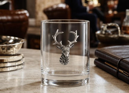 Vagabond House Elk Head Double Old Fashioned Glass - Premium Pewter Accents - 8 oz Whiskey Tumbler - Lodge Style Barware - 4.25 inch Tall