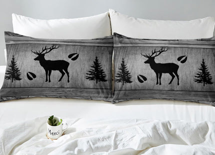 Manfei Rustic Deer Sheet Set Full Size, Black Trees Deer Paw Print Bedding Set for Kids Boy Room Decor, Grey Wooden Plank Bed Sheet Set 4pcs with Deep Pocket Fitted Sheet + Flat Sheet + 2 Pillowcases