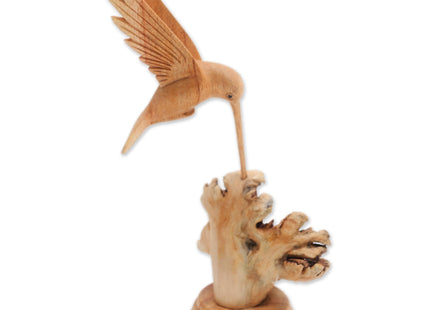 NOVICA Artisan Handmade Wood Sculpture Jempinis Hummingbird from Bali Brown Indonesia Sustainable Animal Themed Eco Friendly 'Feasting Hummingbird'