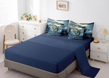 Feelyou Pike Fish Full Comforter Set with Sheets 7 Piece Bass Big Fish Bedding Set Ocean Fishing and Hunting Bed in a Bag