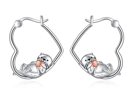 YFN Otter Earrings Sterling Silver Animal Heart Hoop Earrings Dangle Drop Dangling Cute Otter Jewelry Gifts for Women