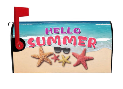 Hello Summer Beach Starfish Magnetic Mailbox Cover - 18" X 21" Post Wrap for Home Garden Yard Decor