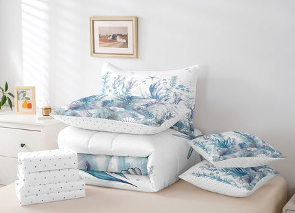 Erosebridal Coral Reefs Bed in A Bag Underwater World Bedding Set with Sheets Cute Ocean Animal Queen Comforter Set 7 Piece for Kids Adults Starfish Shell Fish Bed Set Teal Blue Marine Decor