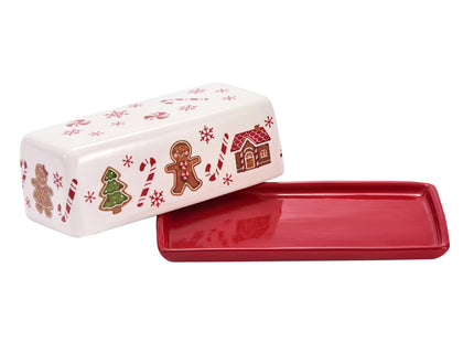 Bico Traditional Gingerbread Man Ceramic Butter Dish with Lid, Wide Butter Keeper for Counter, Kitchen Countertop, Microwave and Dishwasher Safe