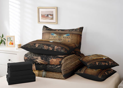 Erosebridal Lake House 7 Piece Comforter Set with Sheets Full Lake Paddle Boat Bedding Set Gifts for Men Women Kids,Rustic Cabin Camo Bed in A Bag Woodland Tree Branch Leaves Camouflage Bed Set